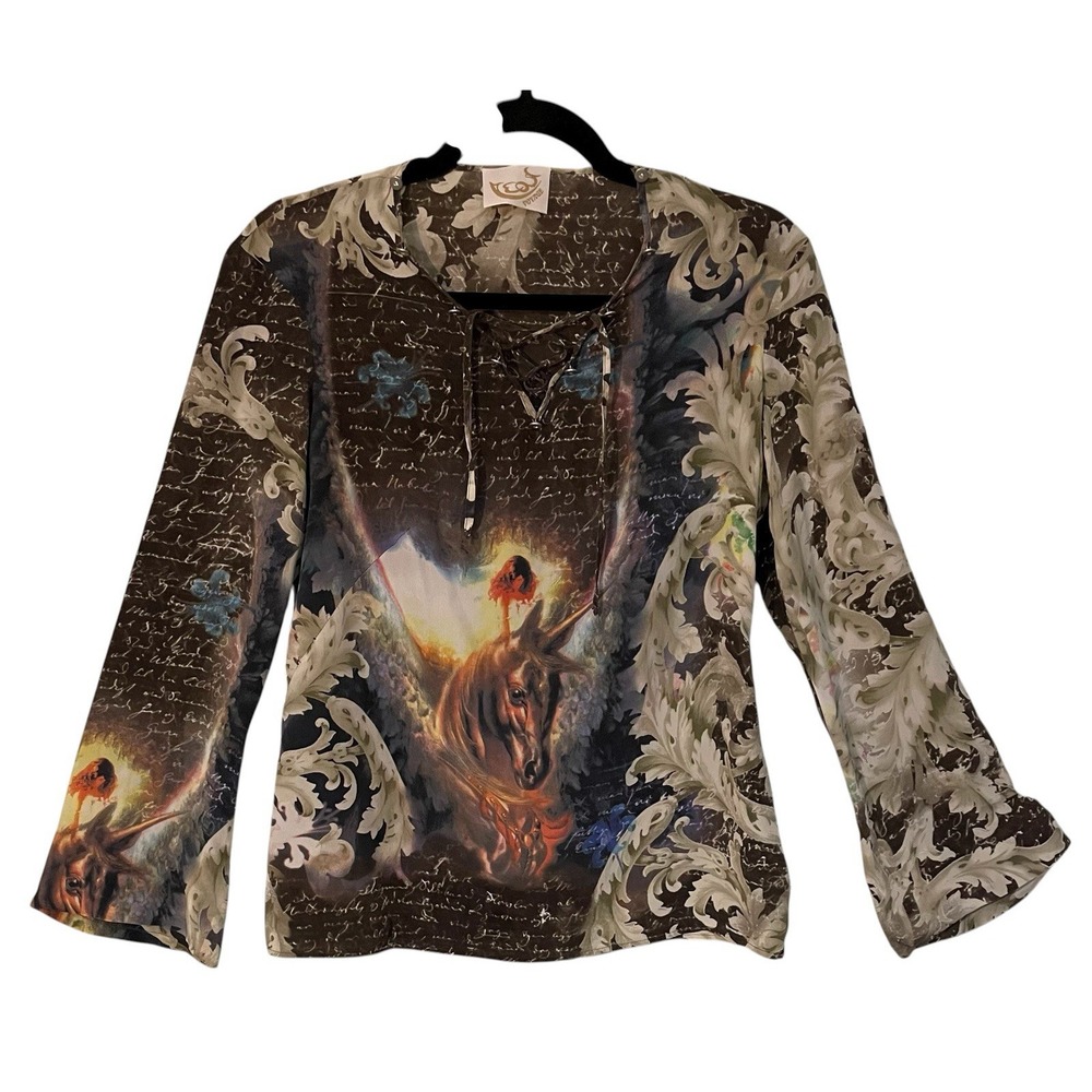 Vtg Voyage Womens Silk Unicorn Paisley Script Tie Beaded Flare Top Fairy Y2K 10